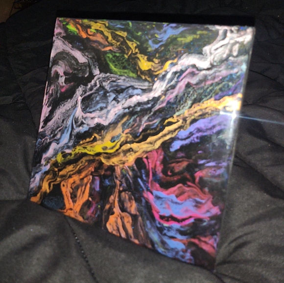 Original Abstract Pour Painting On Wood Glossy Resin Finish Dark Metallic 8"×8" - Picture 5 of 9